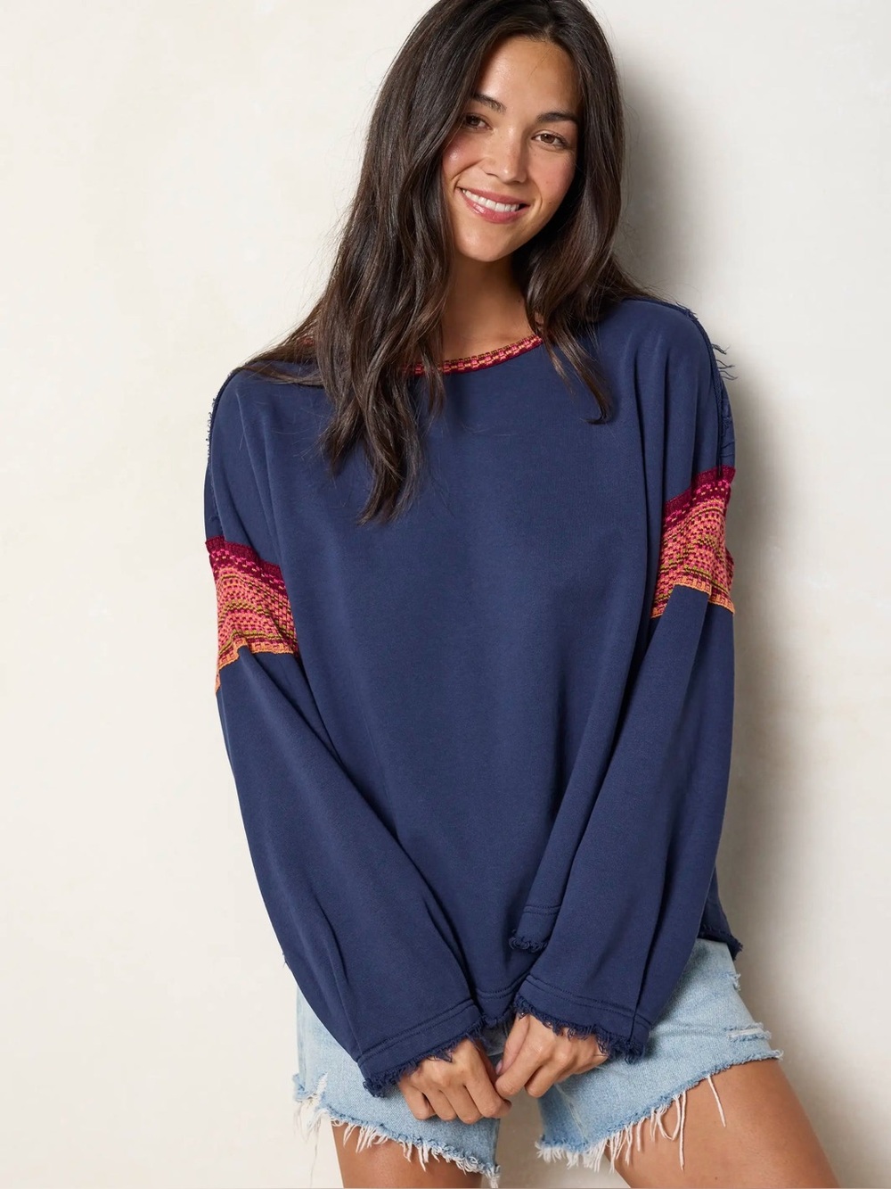 Natural Life Knit Trim Sweatshirt Large / XL navy boho oversized lightweight - Picture 3 of 11